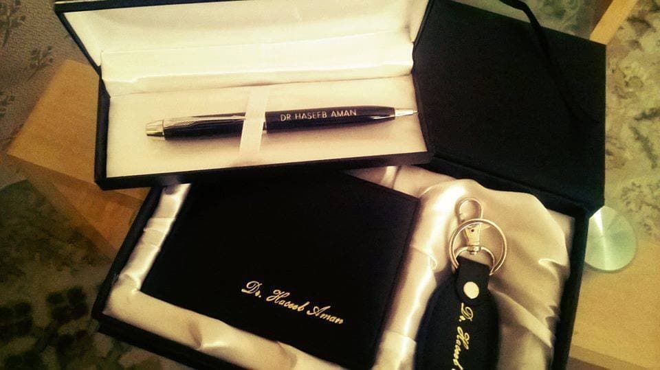 Name engraved wallet with pen keychain