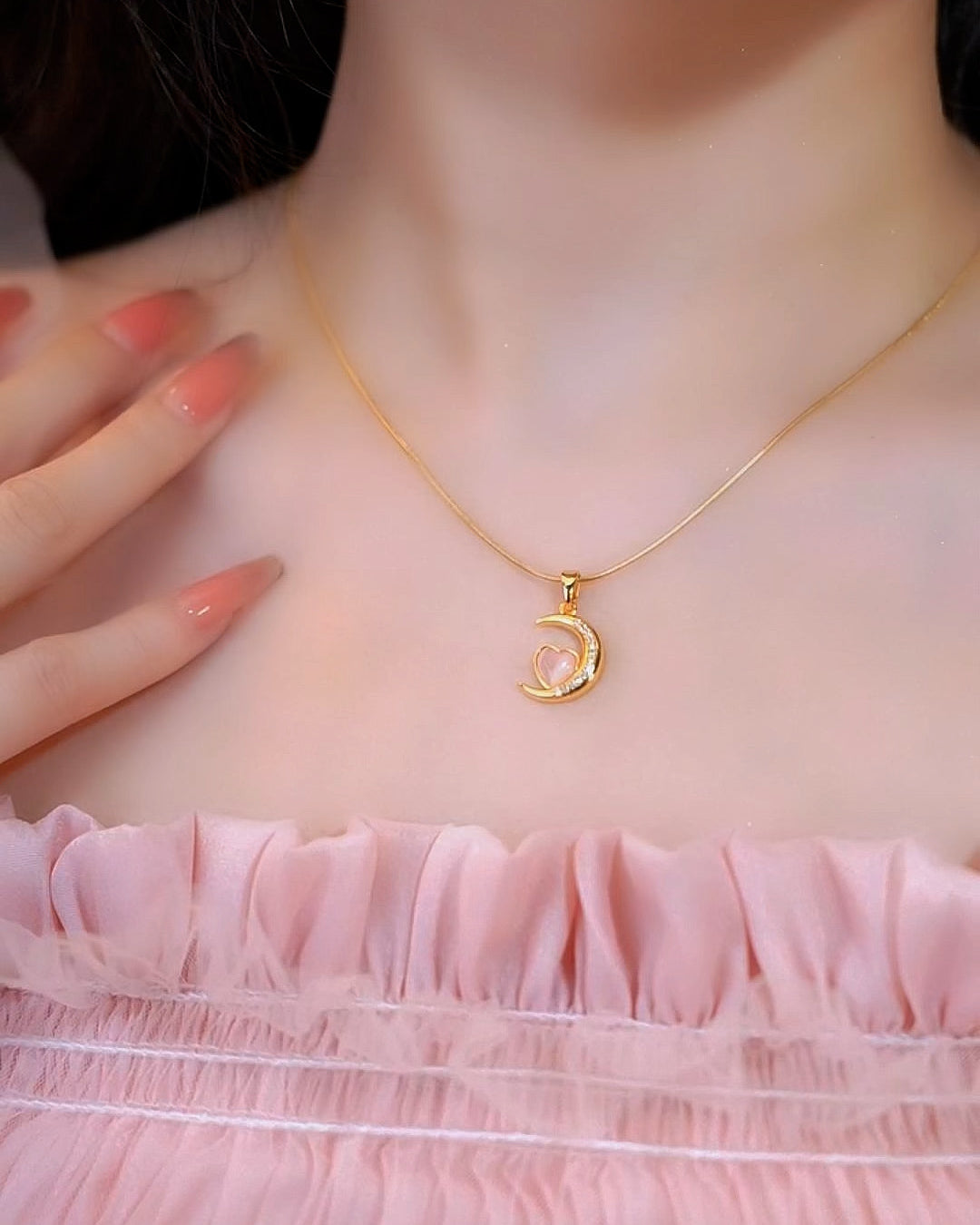 18K Gold Plated Moon Heart Rose Quartz Necklace