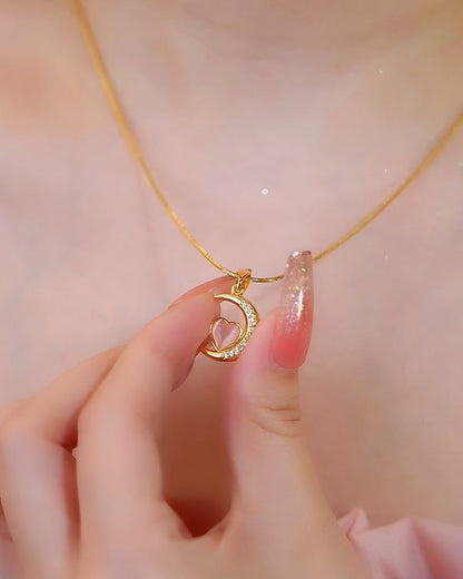 18K Gold Plated Moon Heart Rose Quartz Necklace