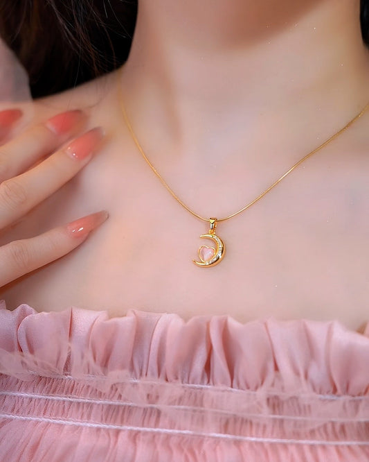 18K Gold Plated Moon Heart Rose Quartz Necklace