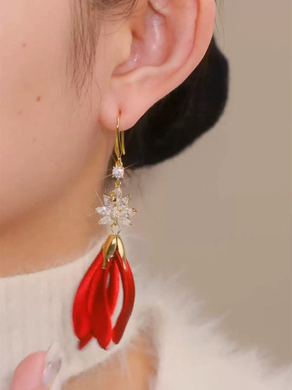 Red Flower diamond zircon tassel earrings