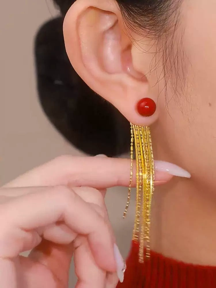 Red pearl tassel earrings(gold plated)