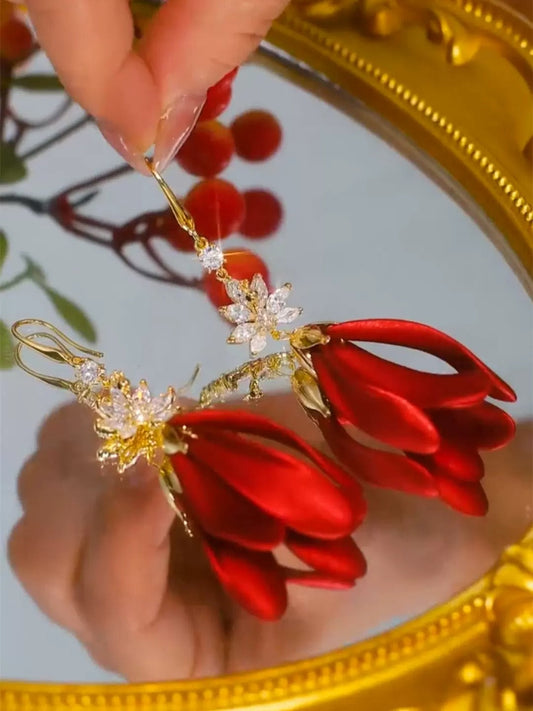 Red Flower diamond zircon tassel earrings