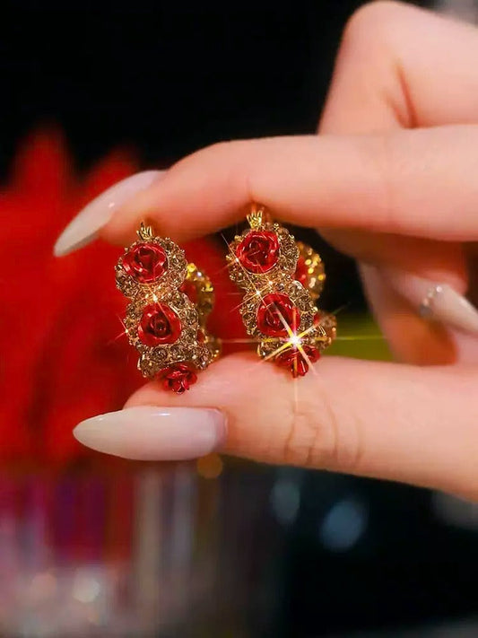 Diamond-studded red rose earring