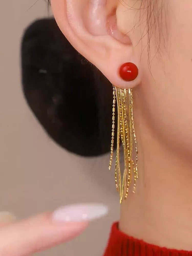 Red pearl tassel earrings(gold plated)