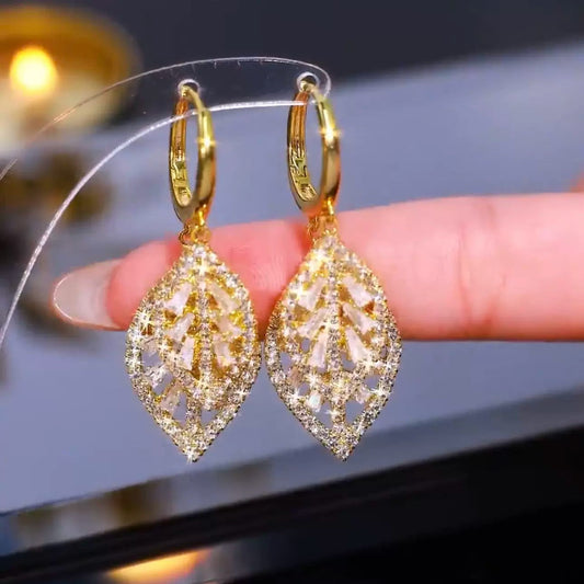 Full Diamond Leaf Earrings(gold plated)