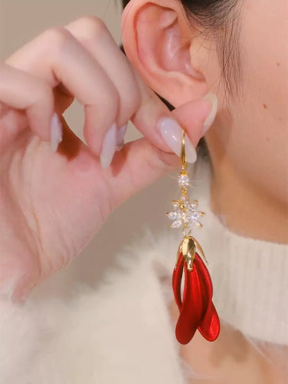 Red Flower diamond zircon tassel earrings