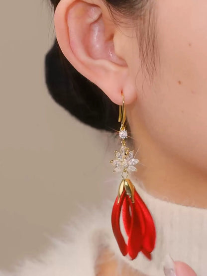 Red Flower diamond zircon tassel earrings